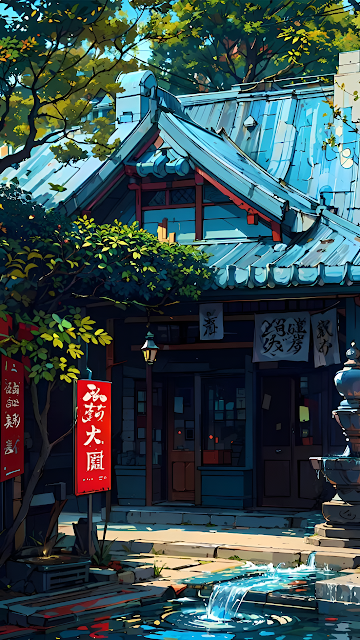 Traditional Japanese Shopfront with Blue Roof and Water Stream