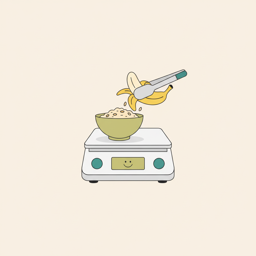 2D Vektorabbildung einer digitalen Küchenwaage mit Haferflocken und Banane, Display zeigt Smiley – Illustration passend zu 2500 kcal Portionen, ruhige vegane Ästhetik