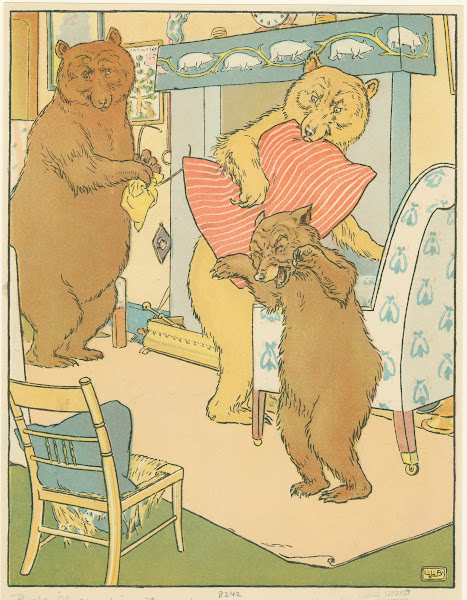 Baby bear sees his broken chair 1909