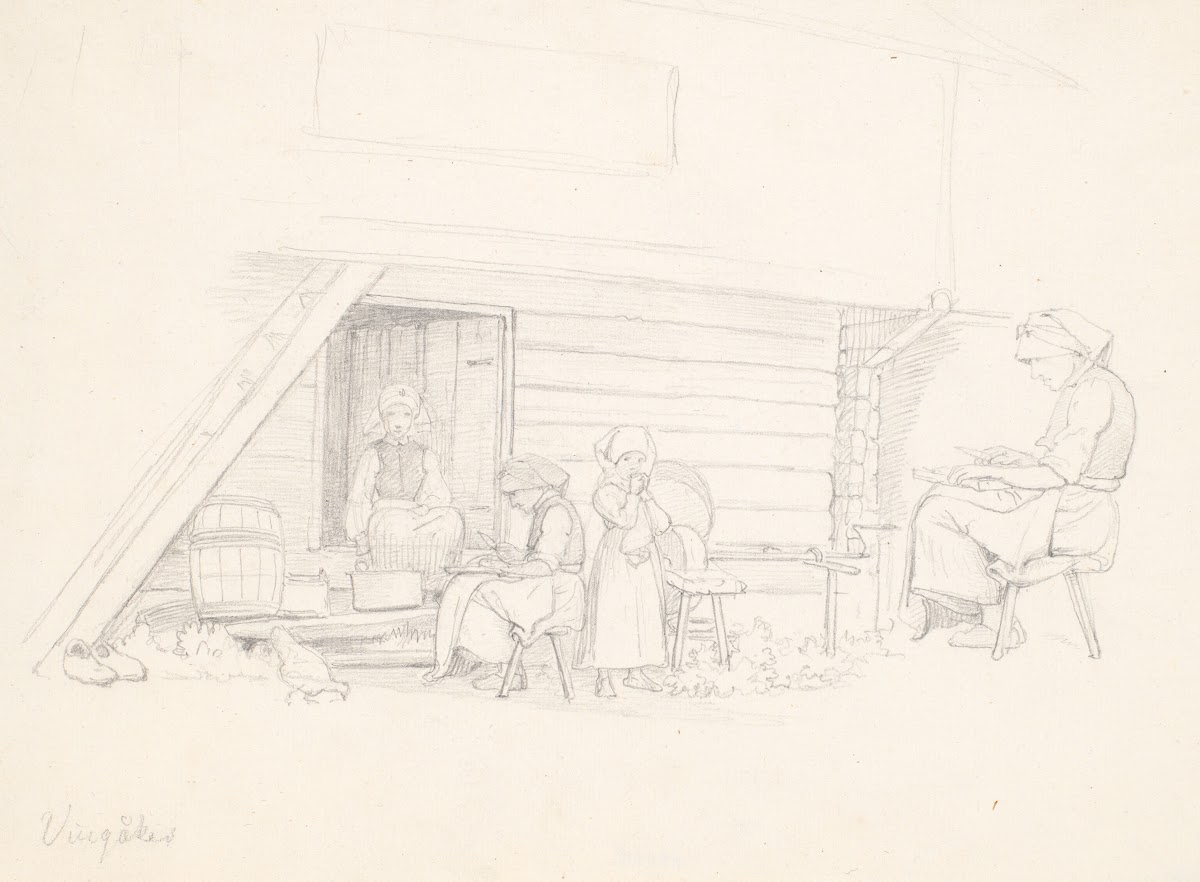 Svensk kone og tre børn uden for et hus i Vingåker 1851