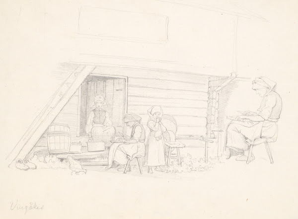 Svensk kone og tre børn uden for et hus i Vingåker 1851