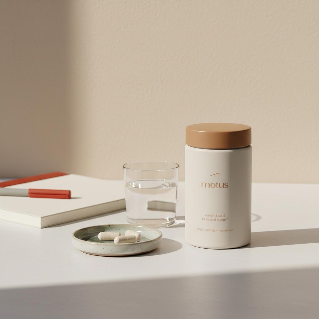 Minimalist product photo of Tonum Nouro bottle on pale beige countertop with capsules in a ceramic dish and a glass of water, suggesting taurine for brain fog