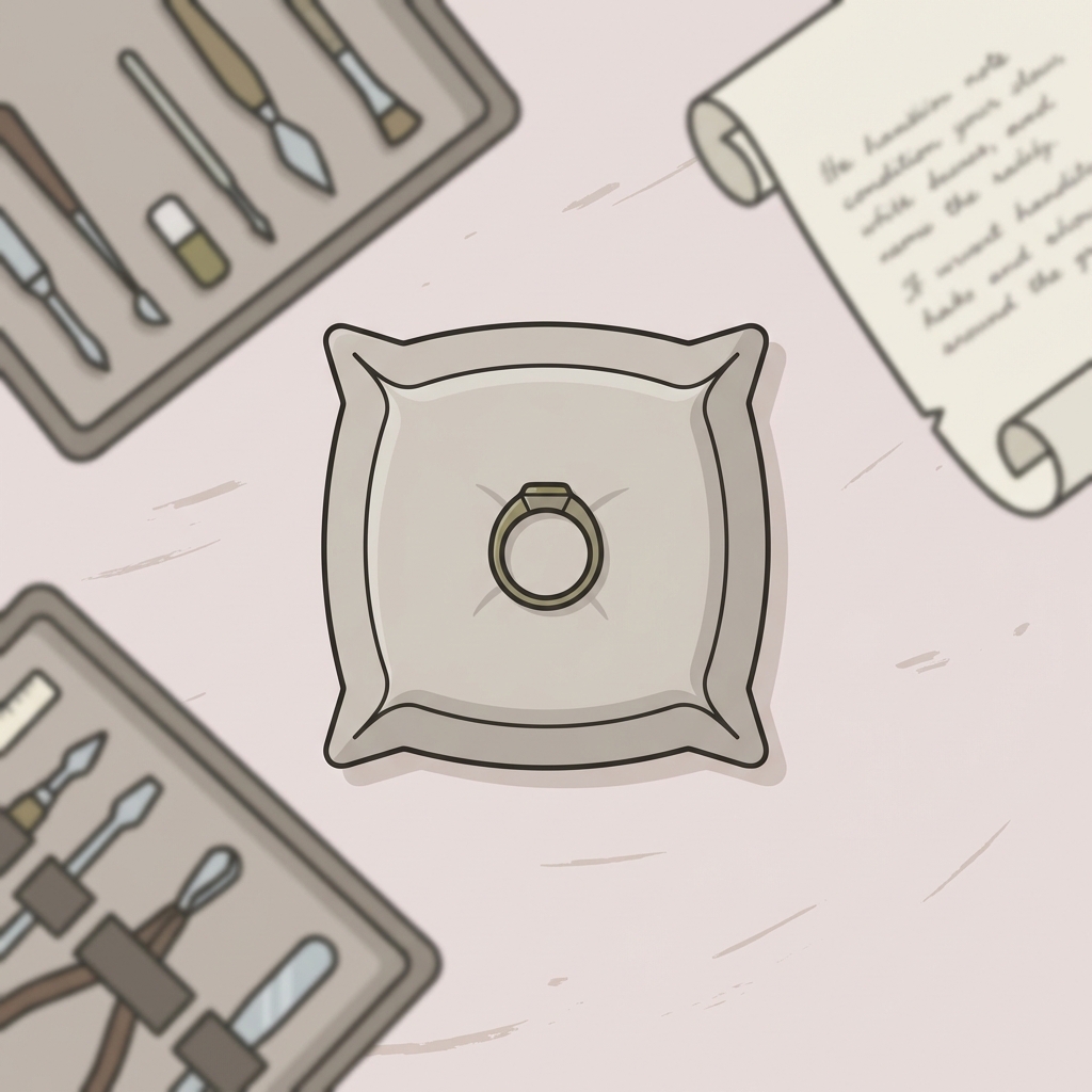 Minimal vector top view of a medieval crusader ring on a conservation pad with blurred tools and a condition note in Aurora Antiqua colors