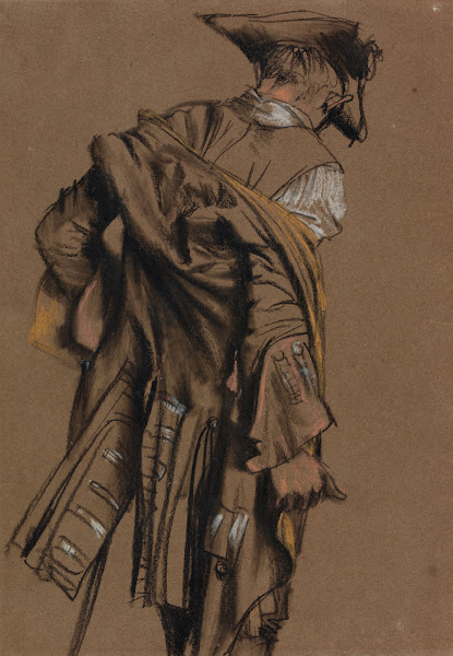 Artists Model Seen in Back View Putting on an Eighteenth Century Uniform