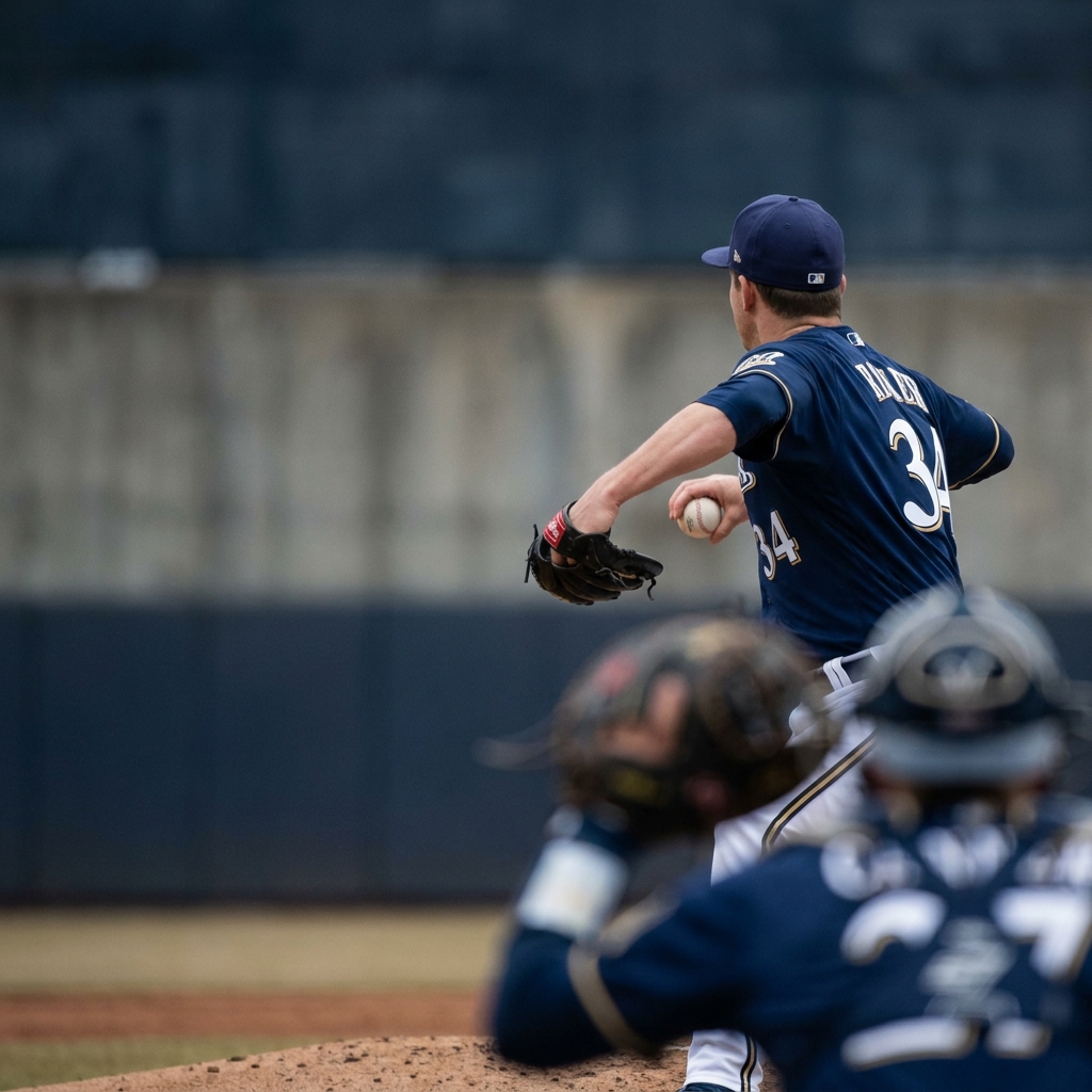 Close editorial shot of a reliever warming in the bullpen with motion blur on the catcher, minimalist composition and Funded Plays color palette, How Pitching Changes Affect Live Baseball Odds