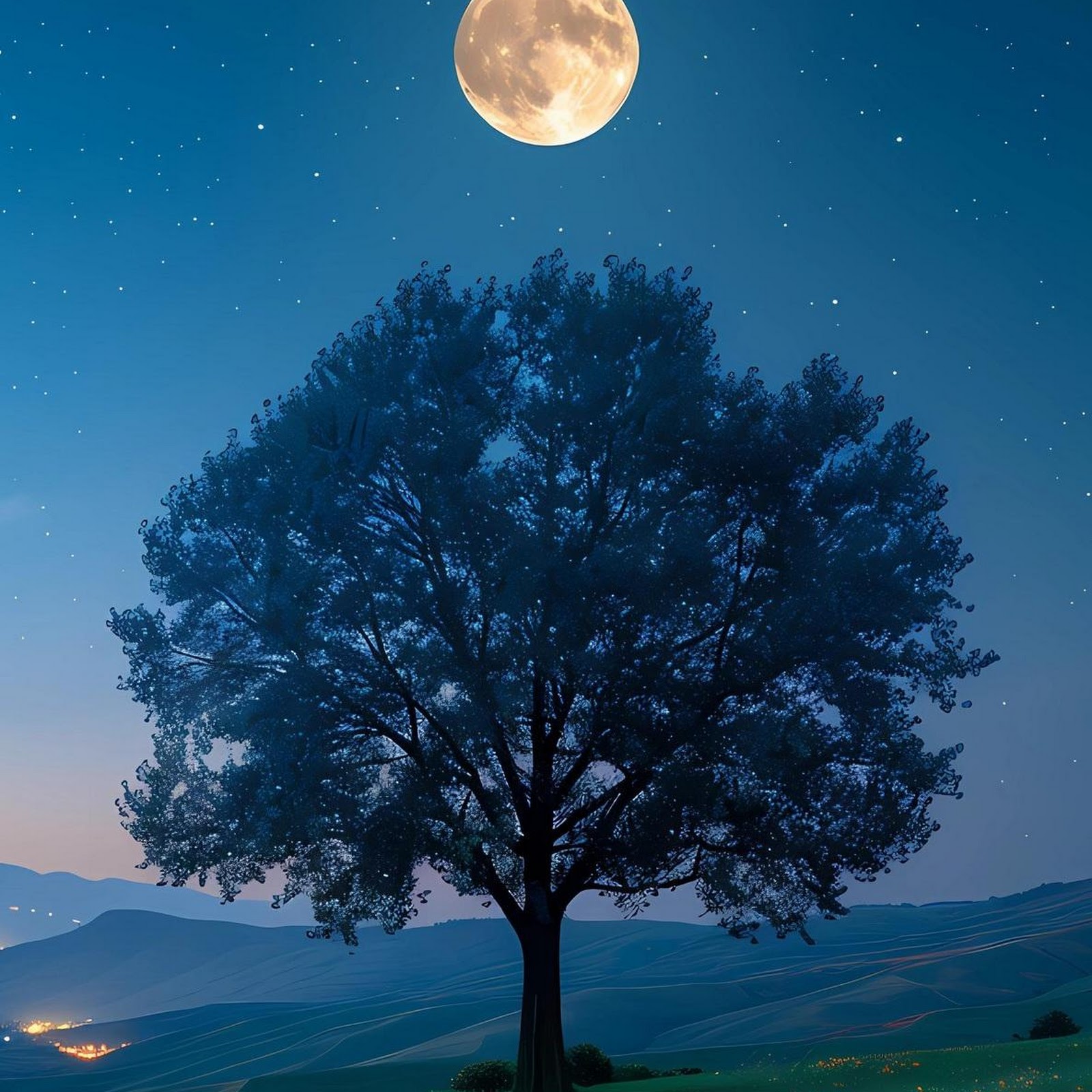 Download Lone Tree Under Full Moon Night Full HD iPhone