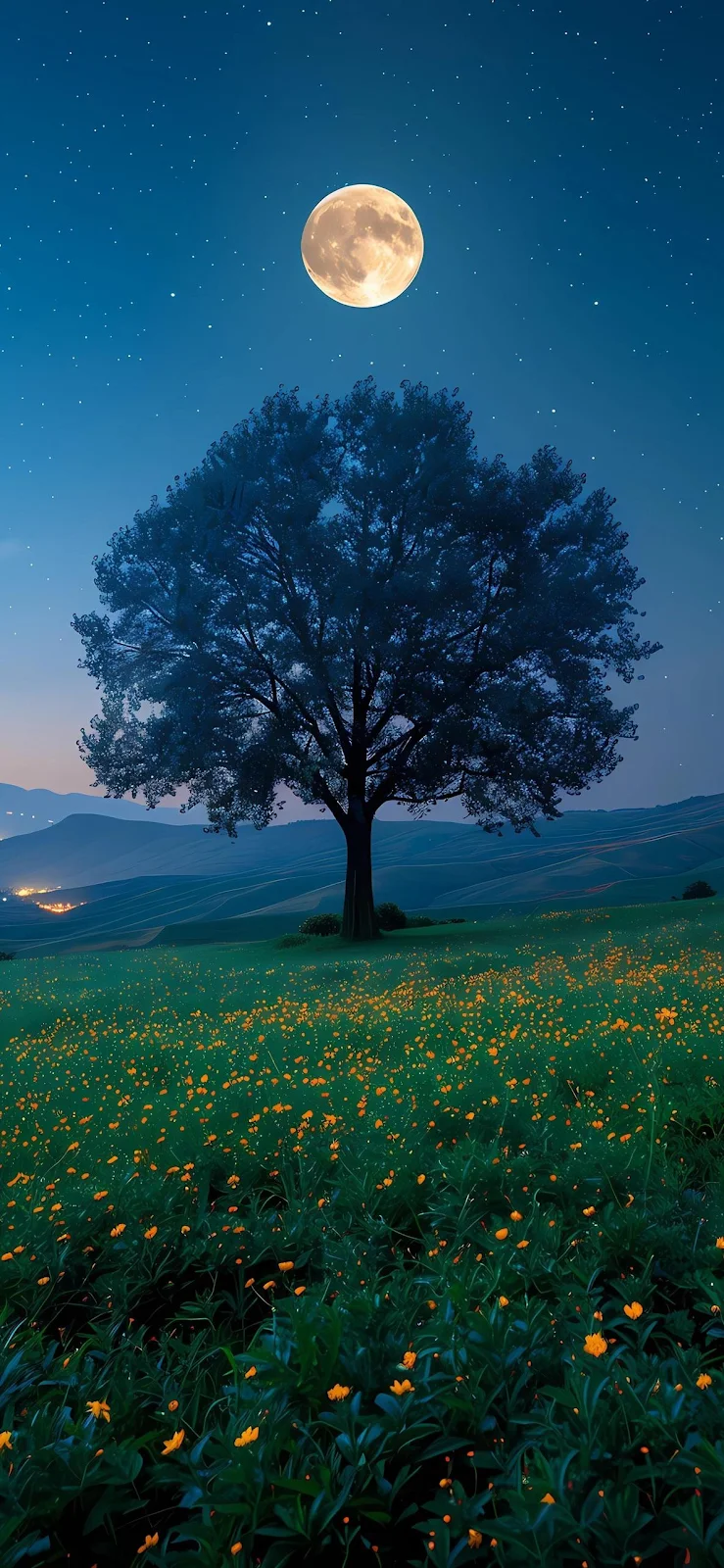 Lone Tree Under Full Moon Night - Surreal Nightscape Photography Full HD iPhone Wallpaper (1185x2567)