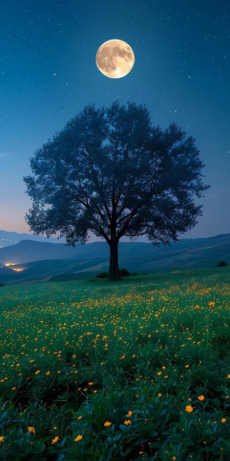 Lone Tree Under Full Moon Night Full HD iPhone Phone Wallpaper