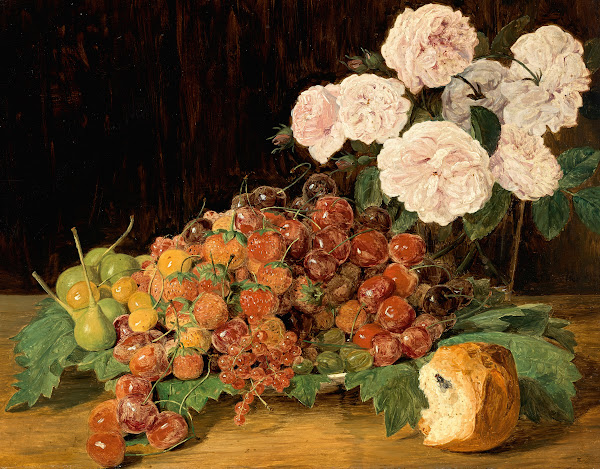 Stillleben mit Rosen Erdbeeren und Brot 1827