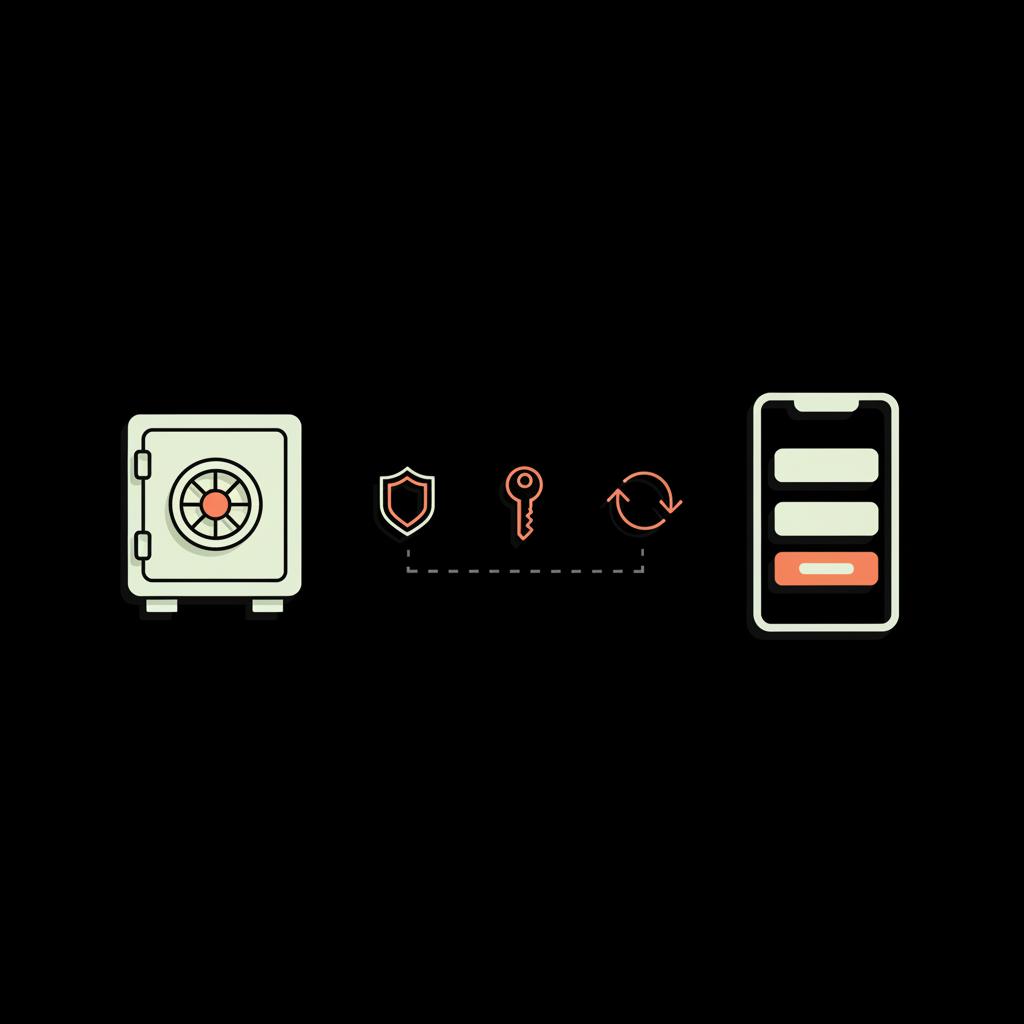 Flat vector infographic of a vault and smartphone illustrating how to recover forgotten password with minimal step icons and brand colors