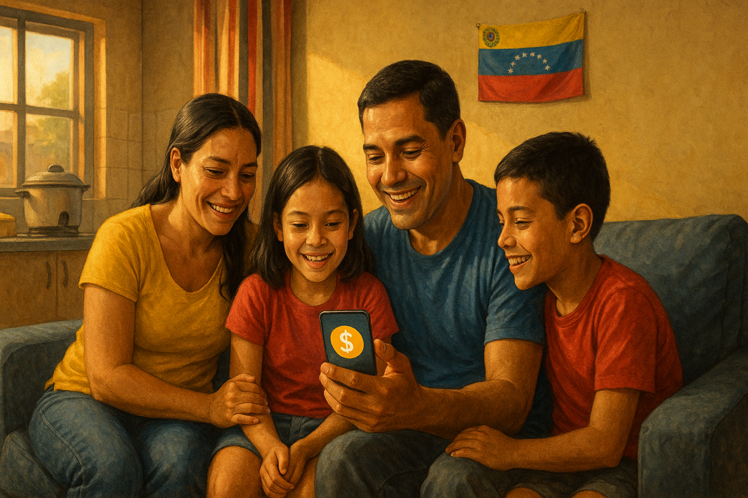 Familia venezolana recibiendo remesa en casa, consejos para remesas económicas