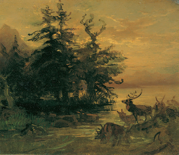 Suhlende Hirsche am Ufer eines Bergsees 1850