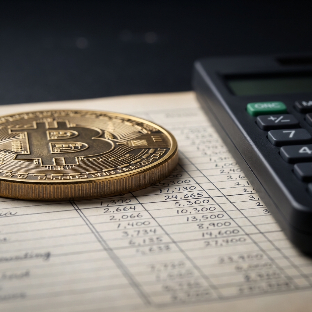 Close up macro photo of a Bitcoin token on a ledger next to a calculator with green and gold brand accents what if i put $1000 in bitcoin 5 years ago