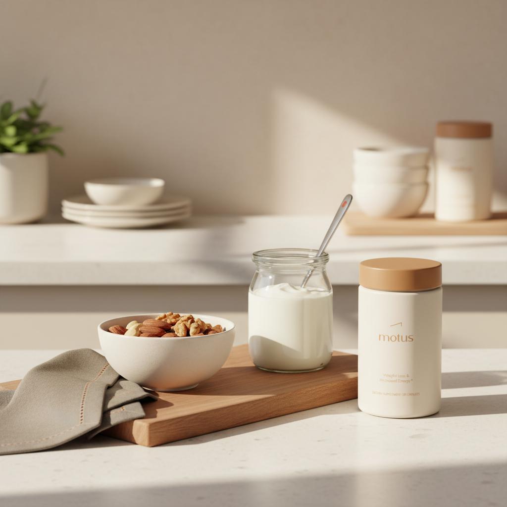 Motus container beside a bowl of nuts and Greek yogurt on a wooden cutting board in a bright kitchen, minimalist healthy snack setup illustrating how to stop sugar cravings