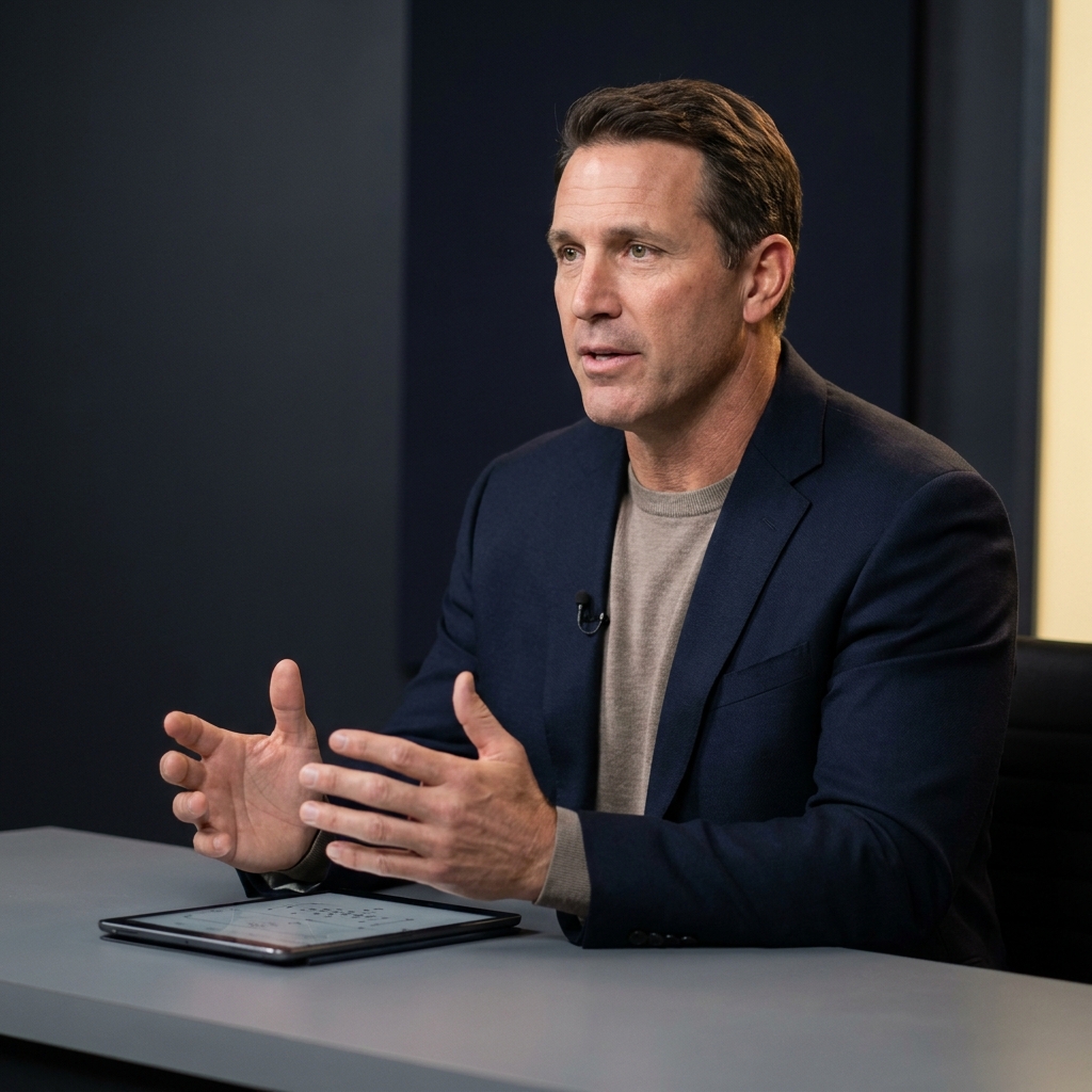 Studio portrait of a retired defensive player turned analyst speaking on a minimalist dark studio set with Funded Plays color palette for cbs nfl predictions article