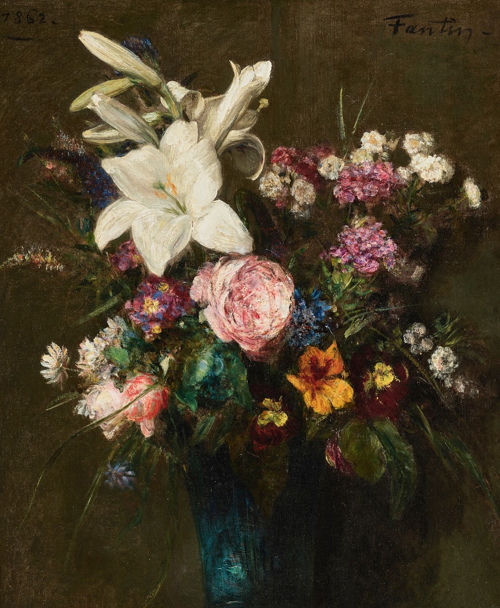 Lys et fleurs diverses dans un vase bleu 1862
