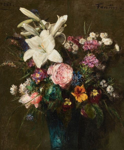 Lys et fleurs diverses dans un vase bleu 1862