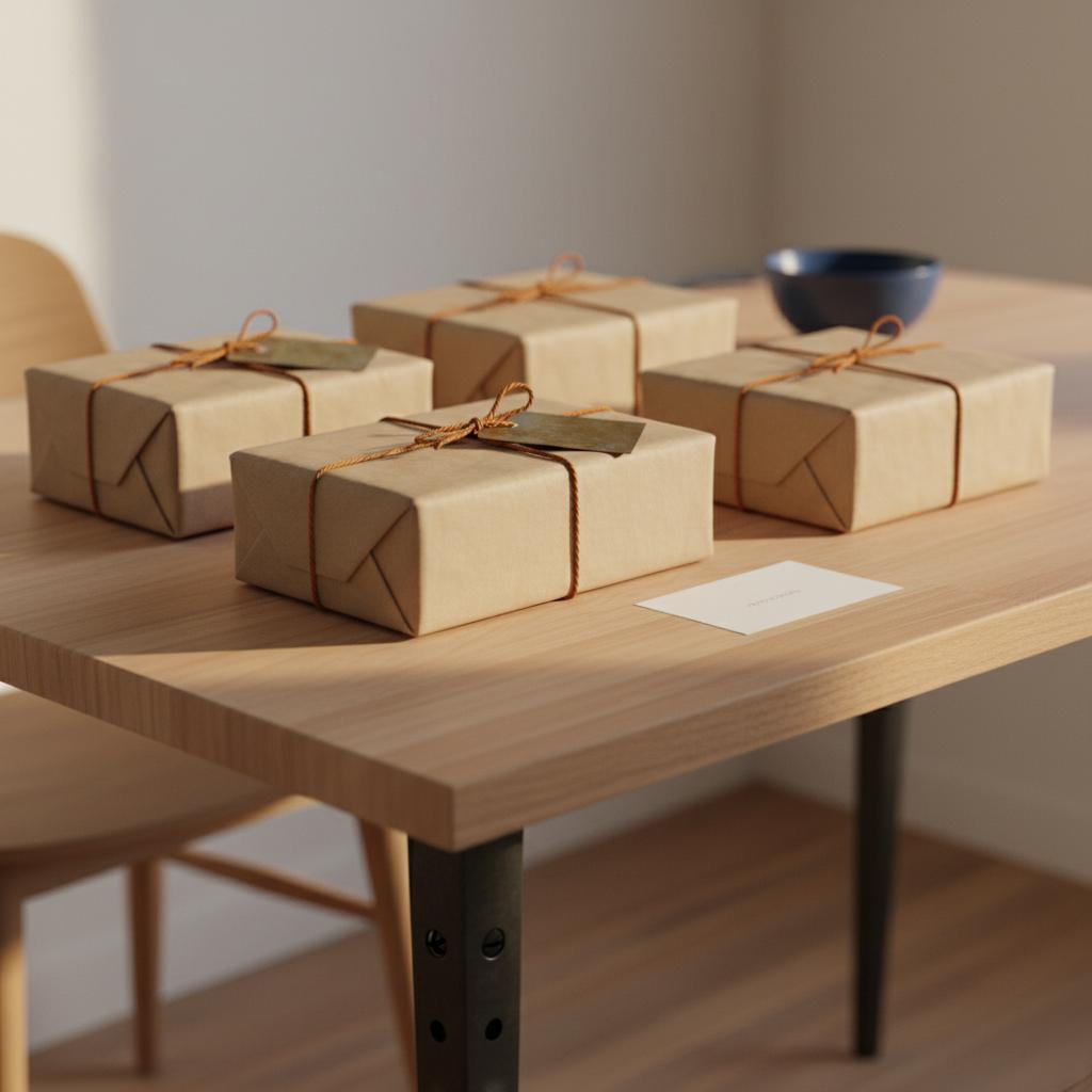 Nahaufnahme liebevoll verpackter Geschenke auf Holztisch mit Metall‑Namensanhänger und dezenter #ff9800-Schnur – geschenkideen schwiegertochter