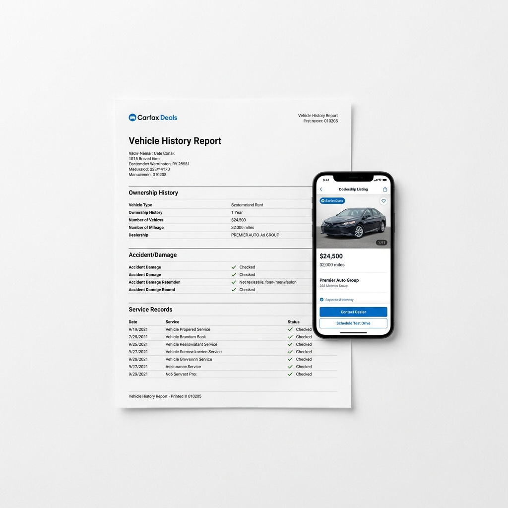 Close up of vehicle history report beside smartphone showing dealership listing for the same car used honda accord for sale clean white minimal layout with CarFax Deals blue accents