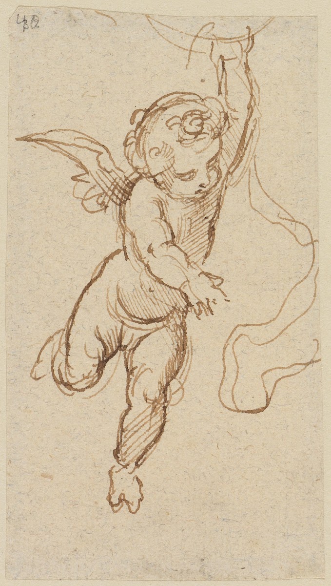 Putto von vorn nach rechts fliegend und mit der rechten Hand nach unten deutend