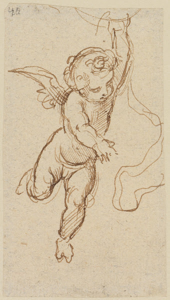 Putto von vorn nach rechts fliegend und mit der rechten Hand nach unten deutend
