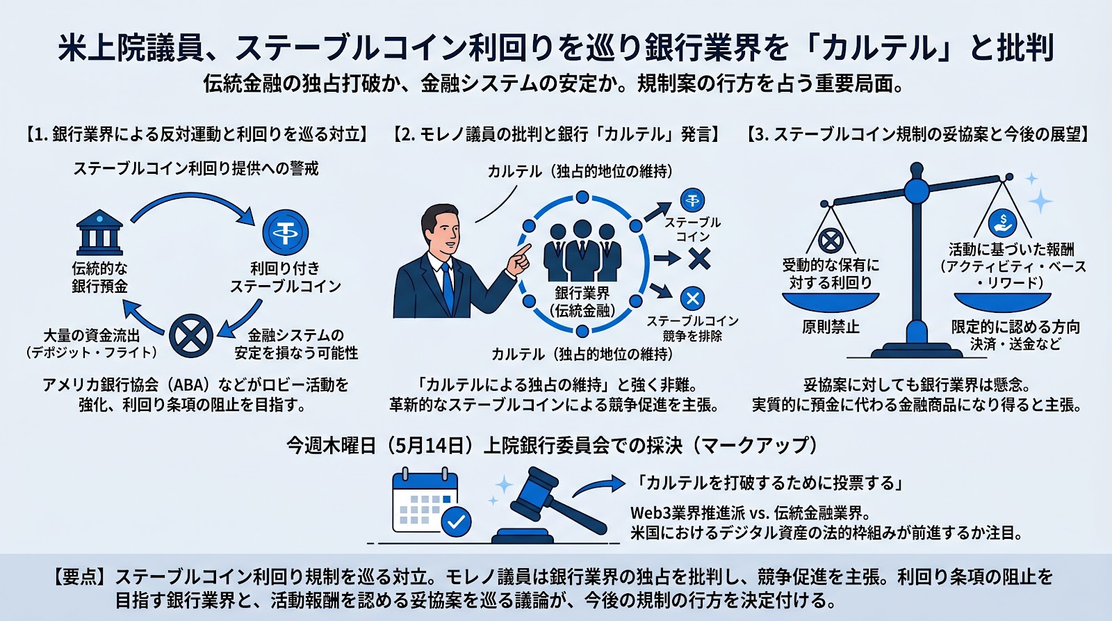 米上院議員、ステーブルコイン利回りを巡り銀行業界を「カルテル」と批判
