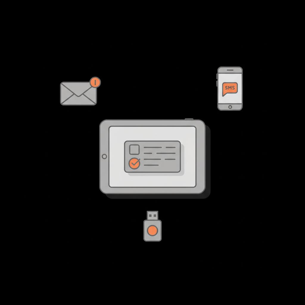 Minimal 2D vector infographic of a signed-in tablet showing a verification prompt surrounded by email, phone, and security key icons for google account recovery.