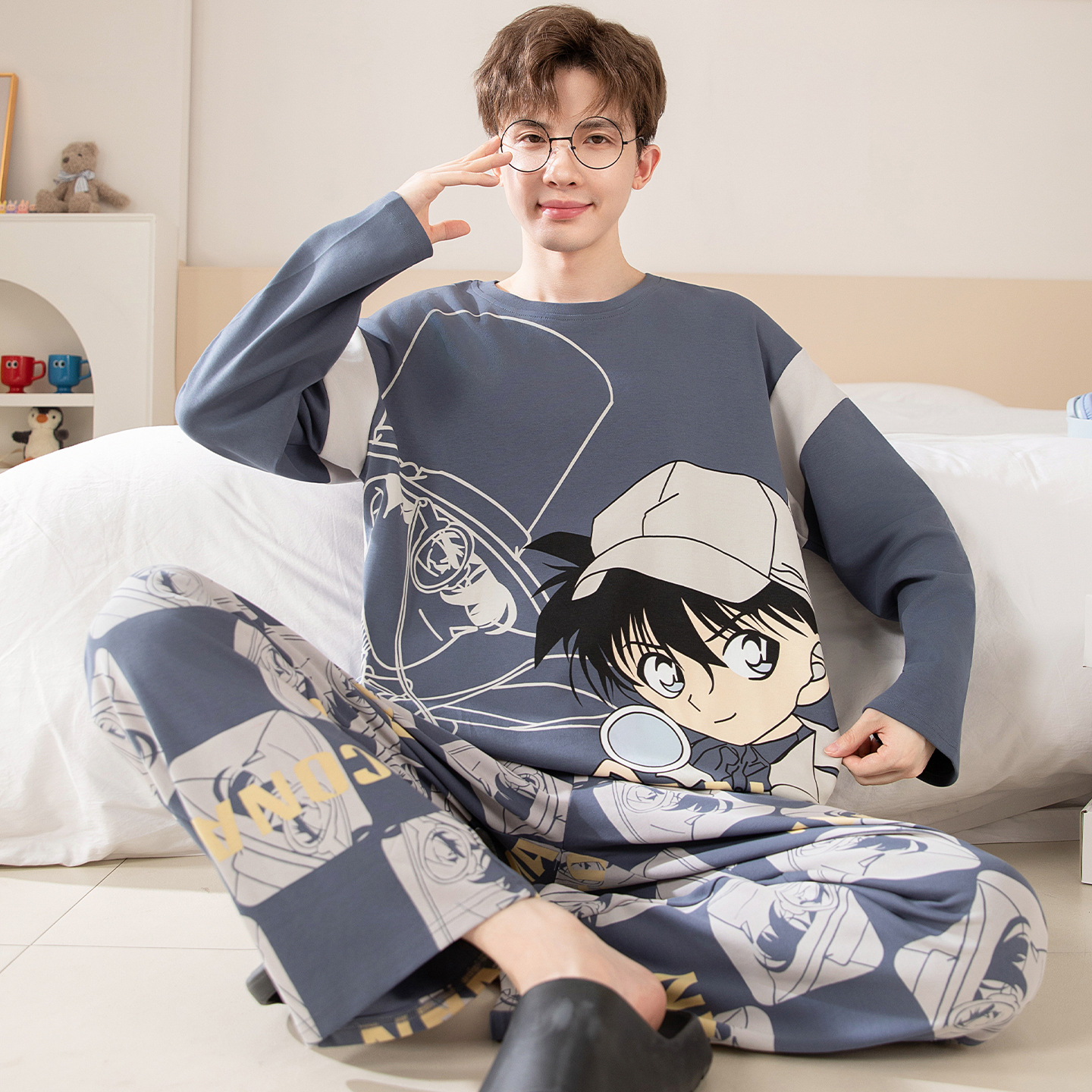 Herren-Pyjama-Set, Baumwolle, Langarm, große Größen