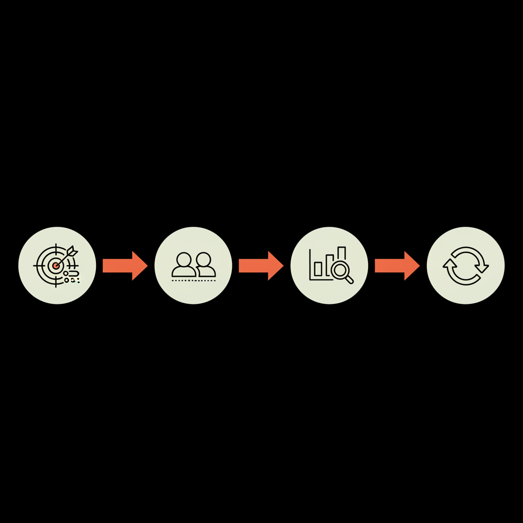 Vector flowchart infographic of a testing framework: pick KPIs, create holdouts, compare results, iterate on black background — which hashtags make content go viral