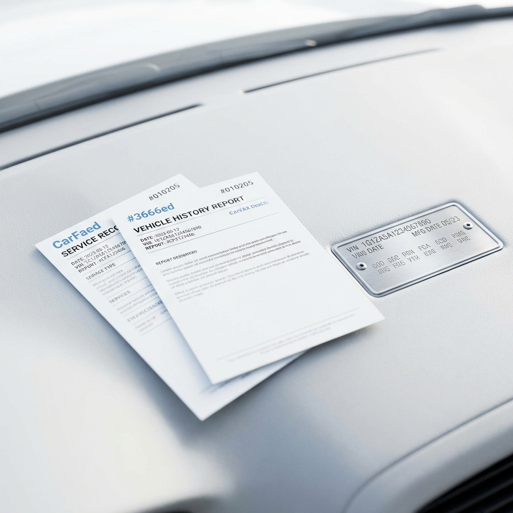 Close up of service record and vehicle history report beside a VIN plate on a dashboard showing documents and VIN for suv for sale near me