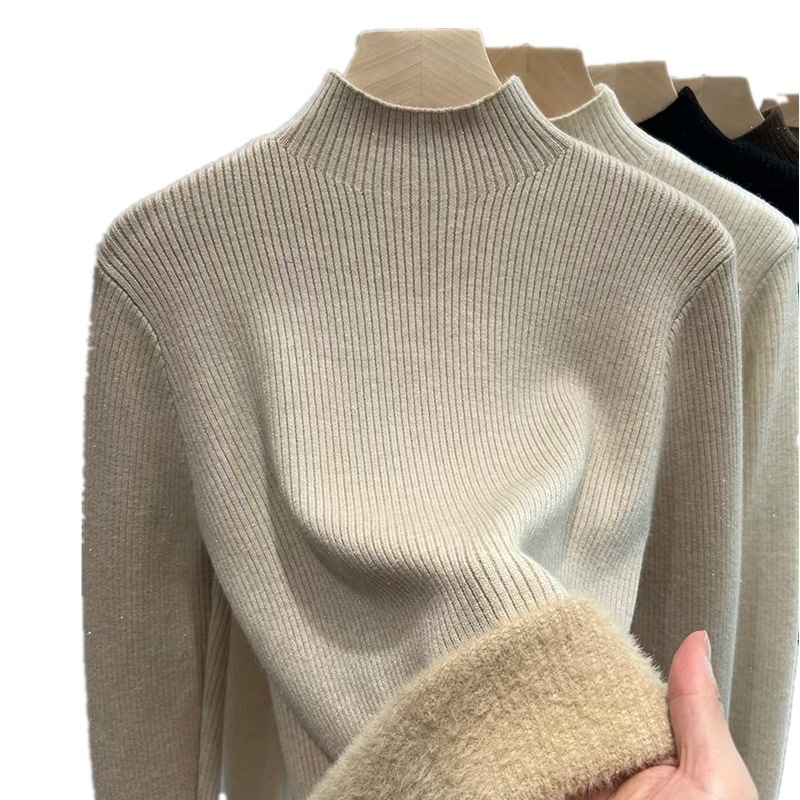 Women's knitted sweater, lined, high collar, warm