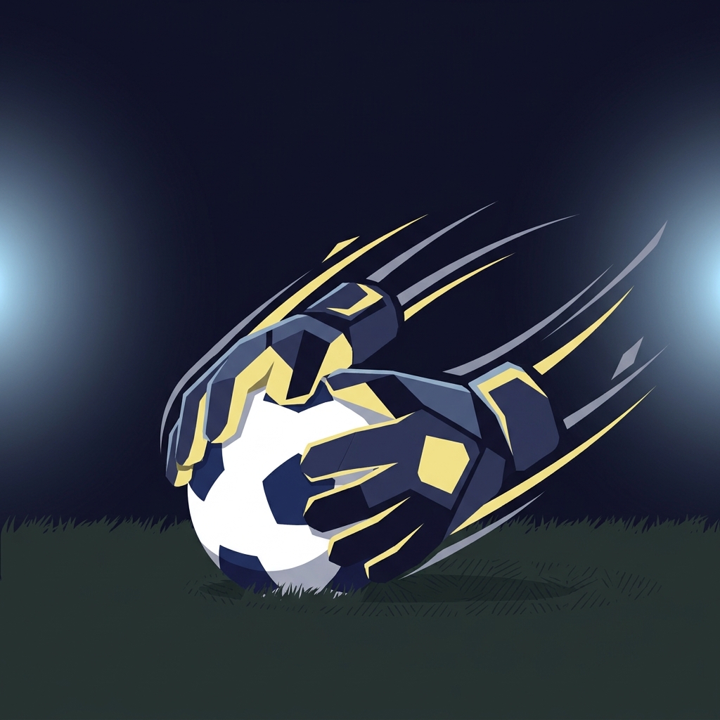 Minimalist 2D vector close up of goalkeeper gloves contacting a soccer ball on dark brand background conveying motion and intensity athletic bilbao prediction