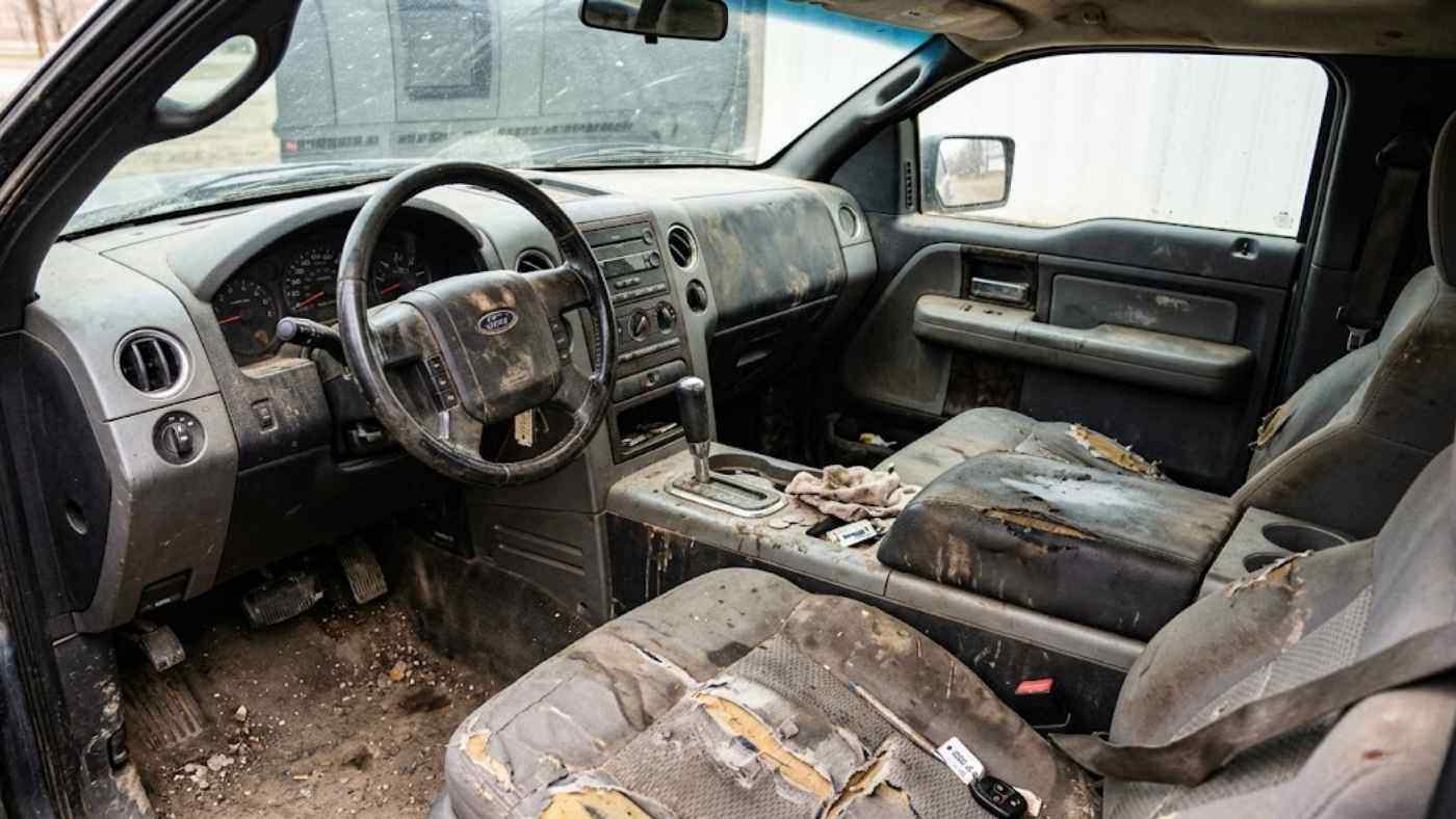 Worn Ford F-150 interior showing torn seats, dirt, and heavy cabin wear before adding protective 4x4 upgrades for commute.