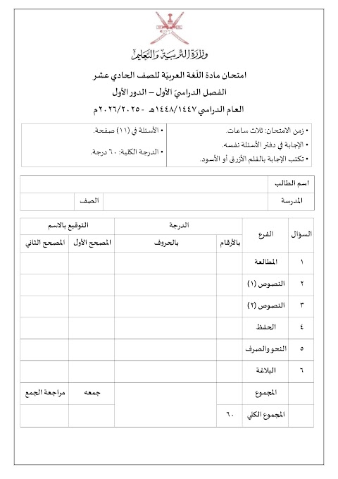 تجميع إمتحانات نهائية 2025-2026 - عربي الصف 11 الفصل 1