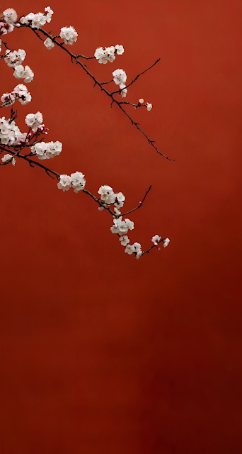 White Plum Blossoms Against Cinnabar Red Wall Art