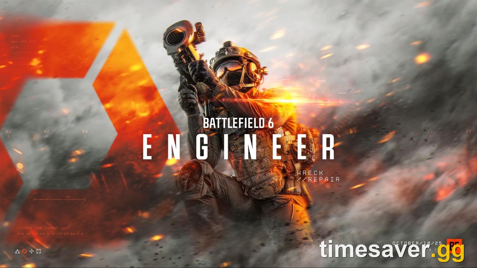 Battlefield 6 Engineer class key art of a kneeling soldier firing a shoulder-mounted launcher through debris, labelled WRECK and REPAIR