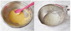 Sau đó cho 20gr đường còn lại vào, tiếp tục đánh bông. Đến khi nhấc que đánh lên thấy chóp đứng là được. Tiếp đến, cho 1/3 lòng trắng trứng vừa đánh bông vào trộn đều với hỗn hợp bột bằng kỹ thuật fold. Sau đó trút phần hỗn hợp lòng đỏ vừa trộn đó lại phần lòng trắng trứng rồi trộn đều.