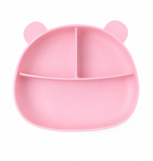 Three-section silicone plate with suction cup Twins Bear pink