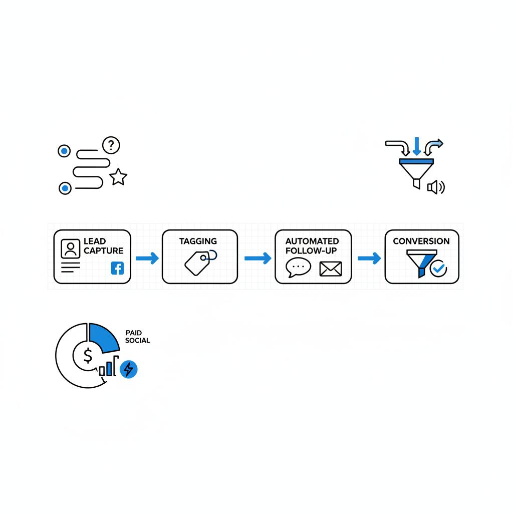 Minimalist vector whiteboard sketch of a CRM flow for facebook advertising for financial advisors: lead capture to tagging to follow-up to conversion, ink #39383f with #1a5bfb accents on white.
