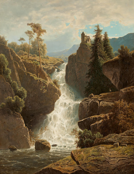 Mountain Landscape with Ruins Above a Waterfall 19th century