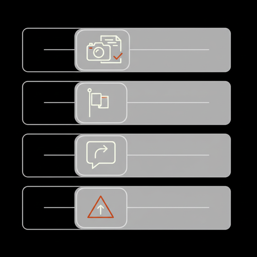 Minimal 2D vector checklist infographic with four icons for evidence capture, flagging, public reply, escalation on black background using Social Success Hub palette to remove google review