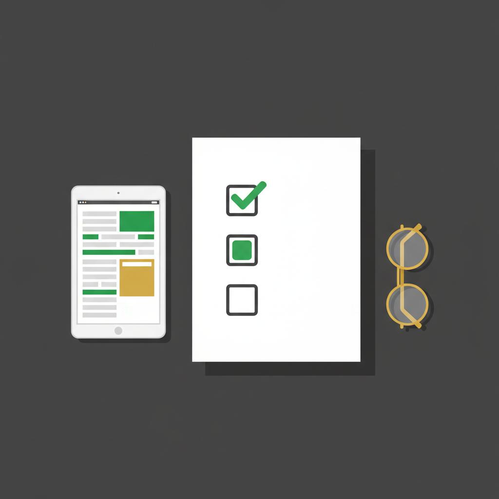 Minimalist 2D vector top down desk with a checklist reading glasses and tablet showing a custody statement placeholder for alto crypto ira in Finance Police palette