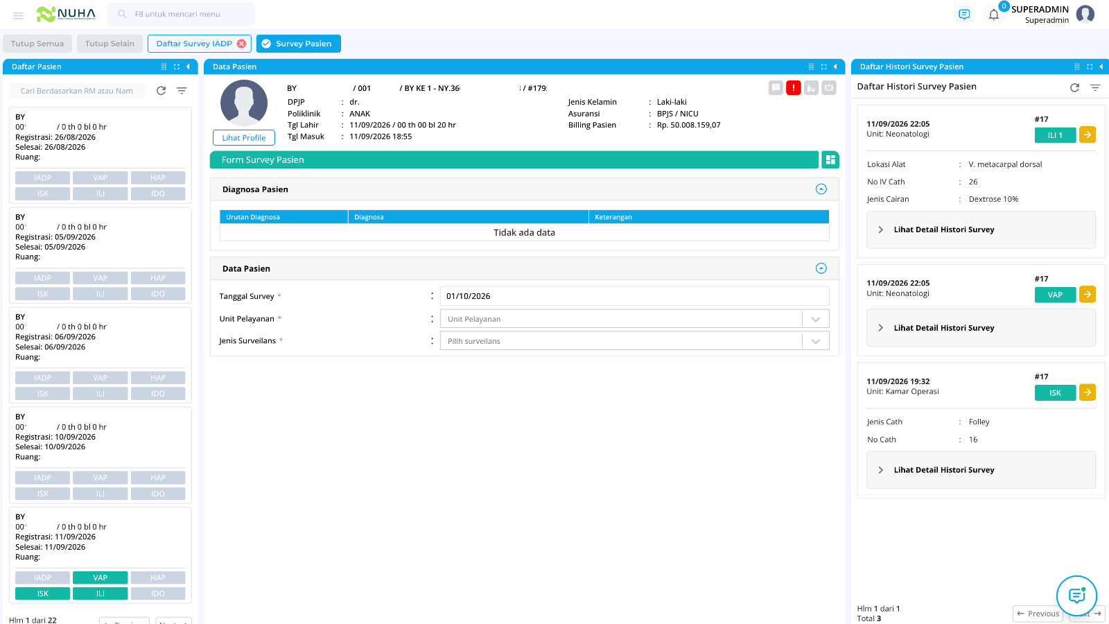 Tampilan fitur Survei Pasien pada Modul Surveilans HAIs NUHA