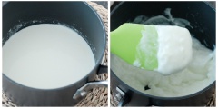 Cho dừa nạo vào 1 tô lớn, để riêng. Trộn 150ml sữa, 40g bột bắp với nhau. Tiếp theo cho 100ml sữa và 150ml kem whipping vào chảo sâu lòng rồi nấu trên lửa vừa rồi cho thêm 40g đường vào nấu đến khi hòa tan. Sau đó cho hỗn hợp sữa vào vừa nấu vừa khuấy đều, nhanh tay đến khi sệt lại thì tắt bếp.