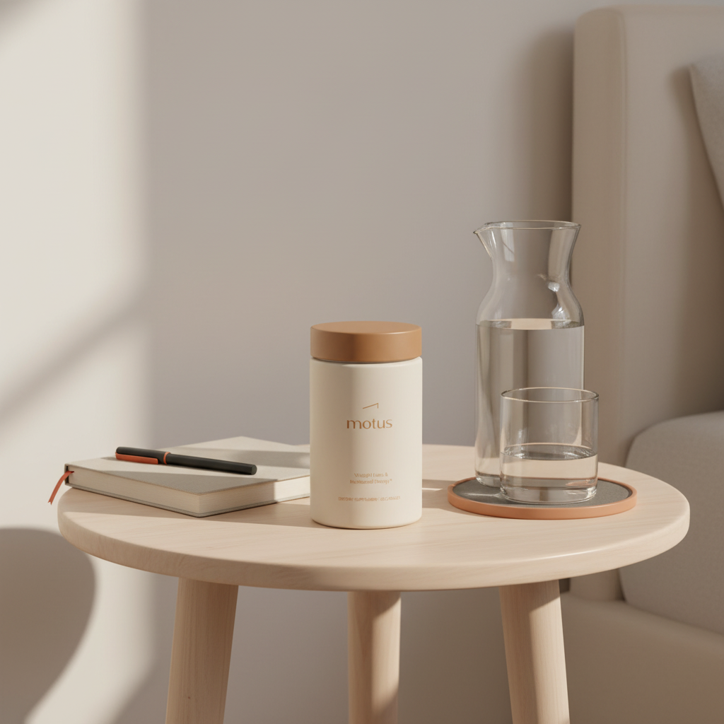 Motus supplement jar on a minimalist bedside table beside a journal and water carafe, Tonum lifestyle shot focused on weight loss — poor man's weight loss drug