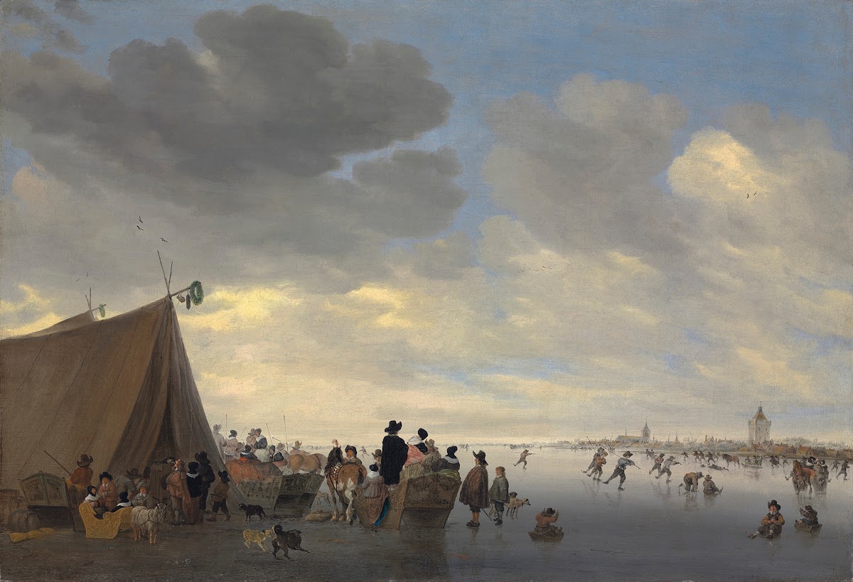 Skaters on the frozen river Lek the town of Vianen beyond 1653