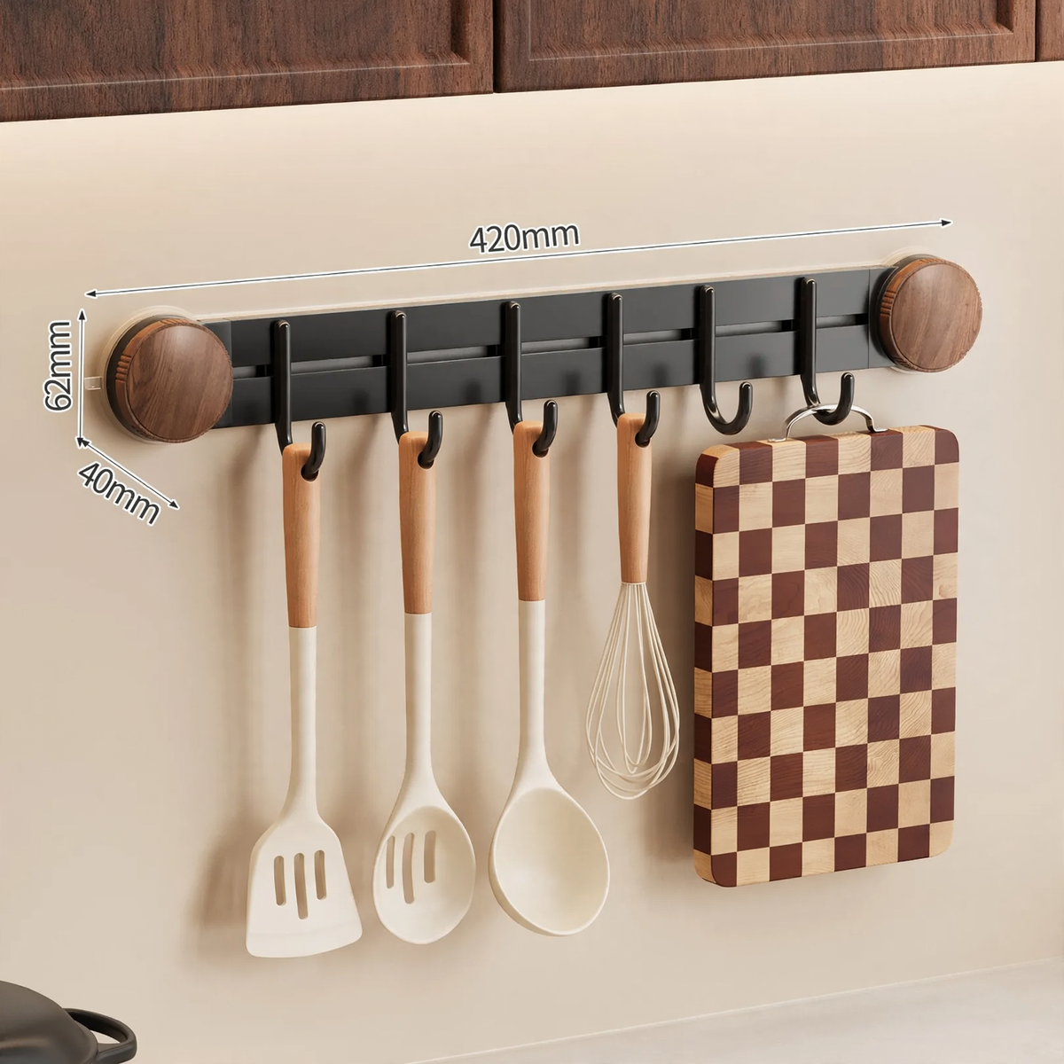 Suction cup kitchen strip with hooks, hole-free