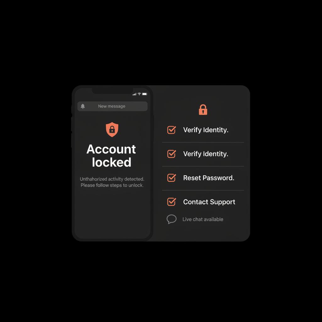 Minimal vector phone showing an 'Account locked' notification and a checklist on black background, illustrating WhatsApp customer service steps.