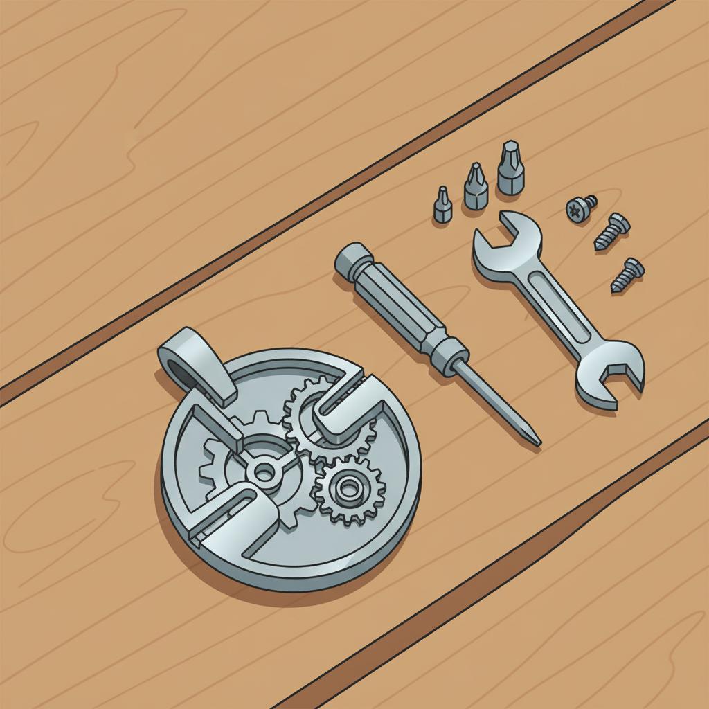 Detailaufnahme eines gravierten Metallanhängers und kleinen Werkzeuggarnitur-Sets auf Holzplatte in minimalistischer 2D-Vektorillustration – geschenkideen für handwerker