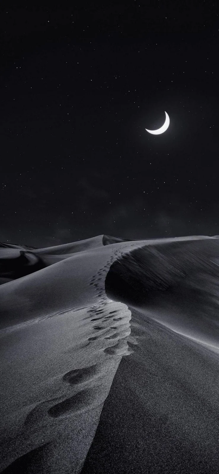 Crescent Moon Over Dark Desert - Monochrome Photography Full HD iPhone Wallpaper (1090x2360)
